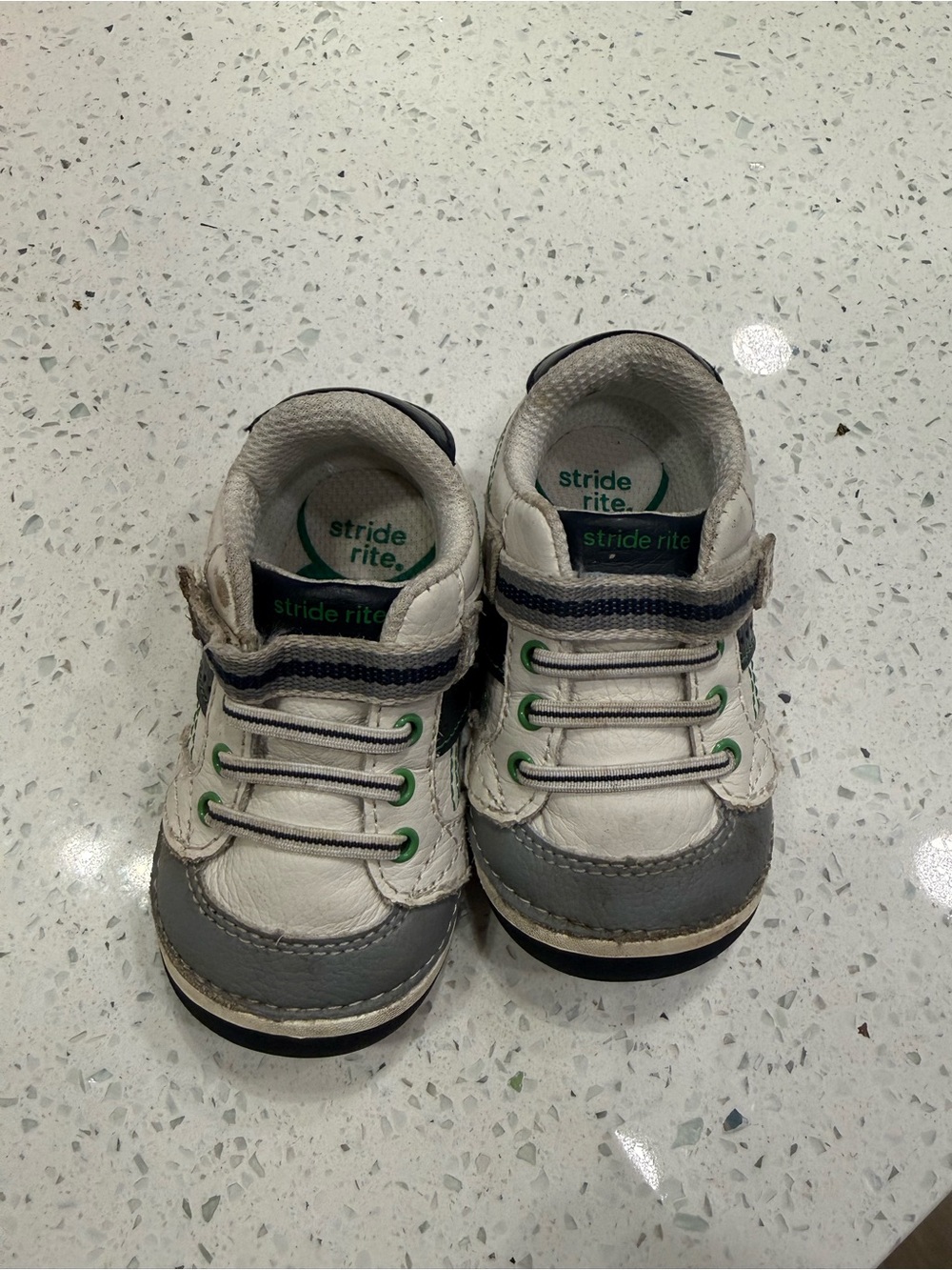 Stride Rite White and Gray Baby Walker Sneakers with Green Eyelets